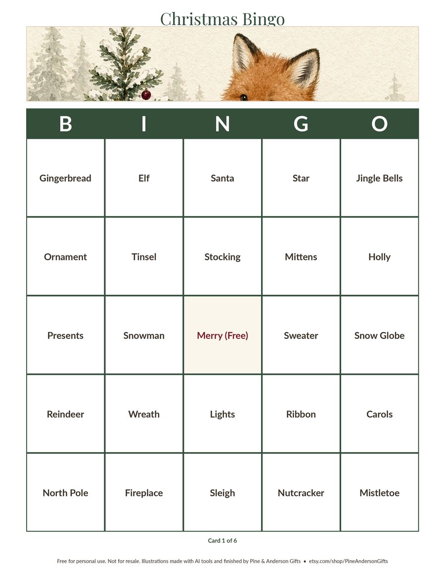 Free printable Christmas bingo card with woodland fox watercolor and Christmas words