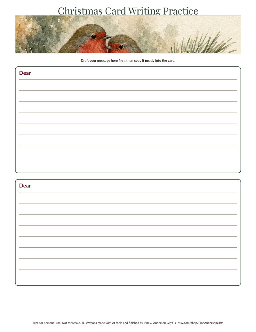 Free printable Christmas card writing practice sheet with robins watercolor
