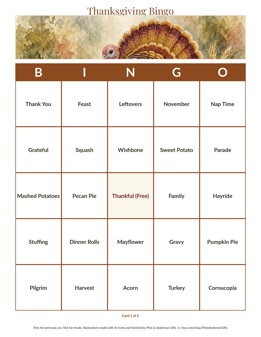 Free printable Thanksgiving bingo card with turkey watercolor and Thanksgiving words