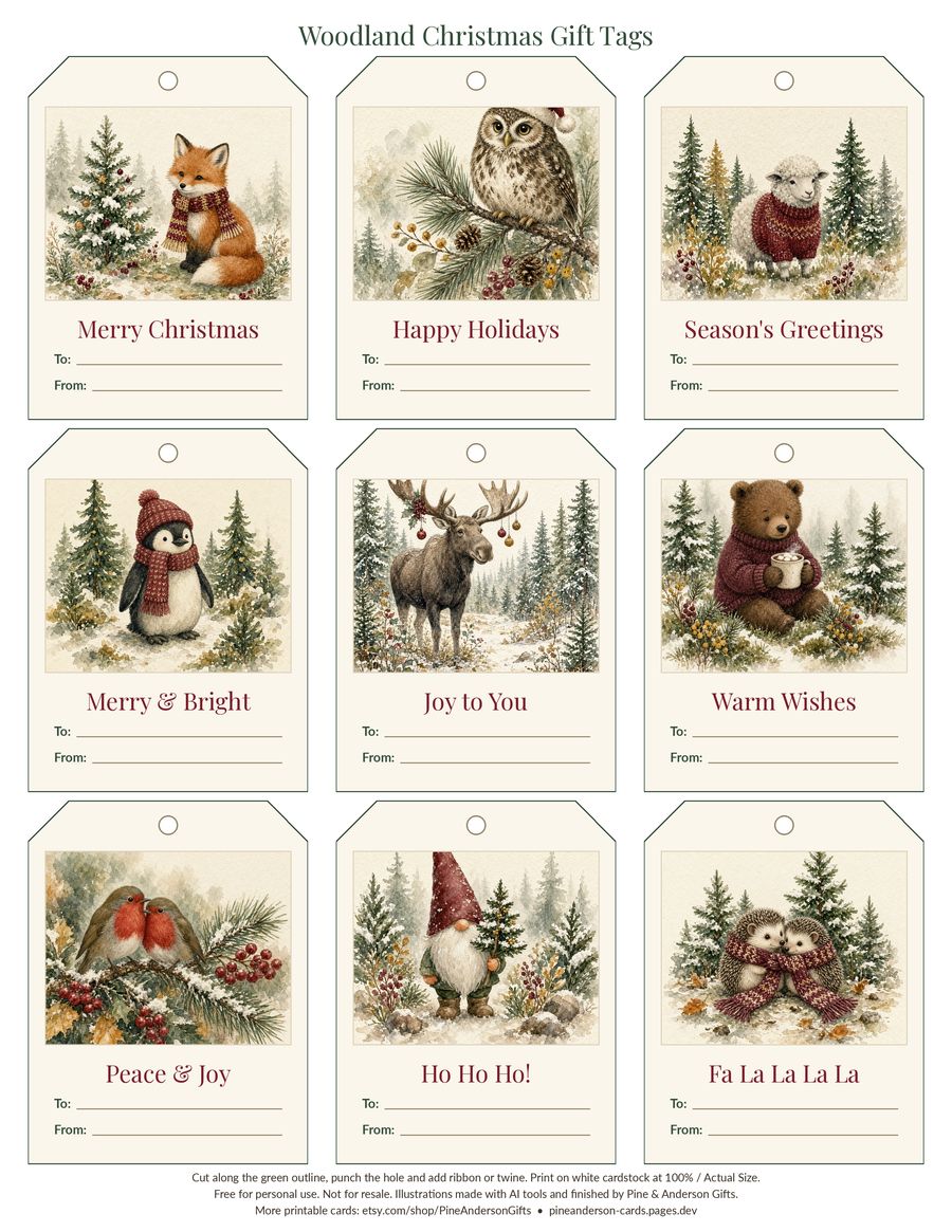 Free printable woodland Christmas gift tags sheet with nine watercolor animal tags