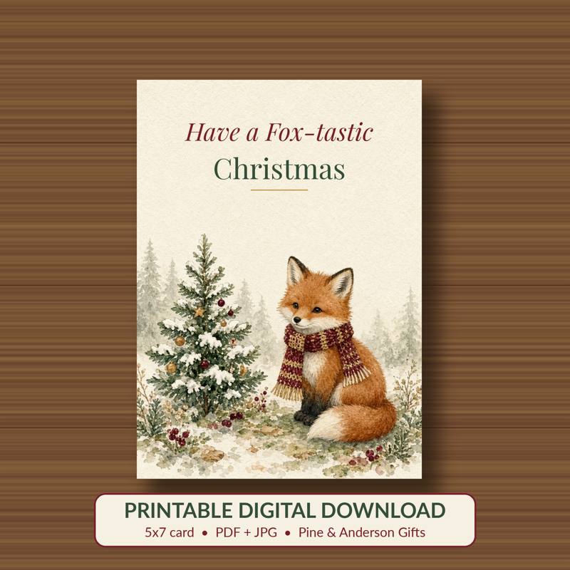 Have a Fox-tastic Christmas printable card, vintage woodland watercolor