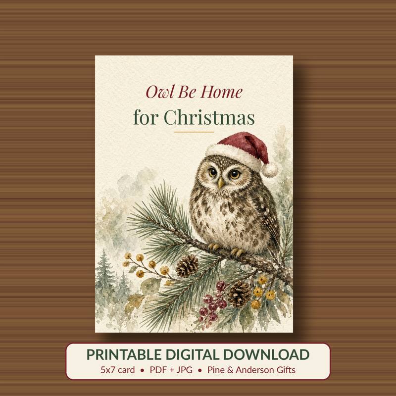 Owl Be Home for Christmas printable card, vintage woodland watercolor