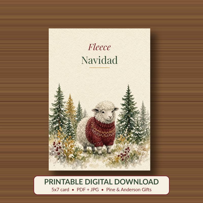 Fleece Navidad printable card, vintage woodland watercolor