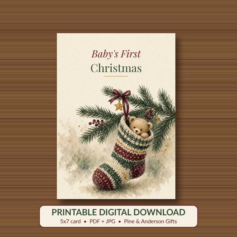 Baby's First Christmas printable card, vintage woodland watercolor