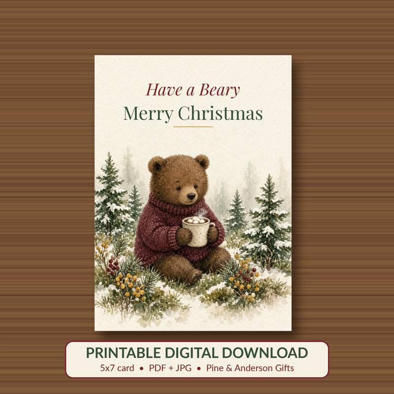 Have a Beary Merry Christmas printable card, vintage woodland watercolor
