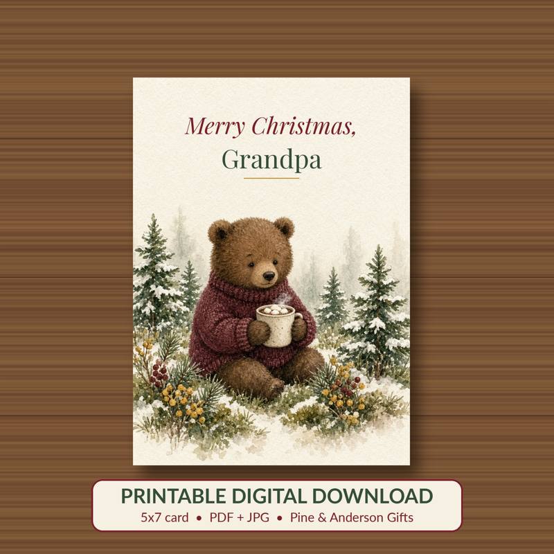 Merry Christmas, Grandpa printable card, vintage woodland watercolor