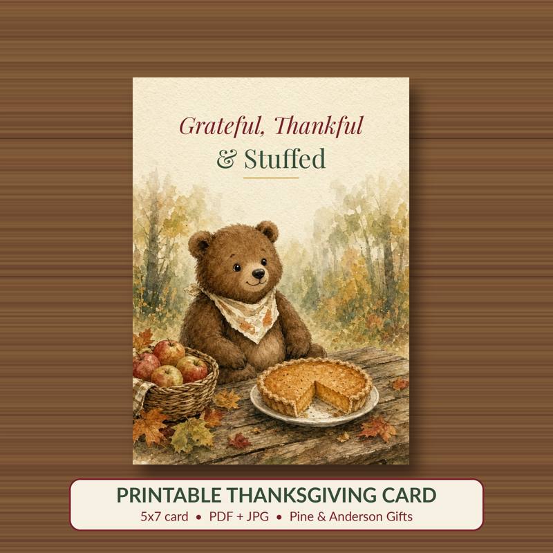 Grateful, Thankful & Stuffed printable card, vintage woodland watercolor