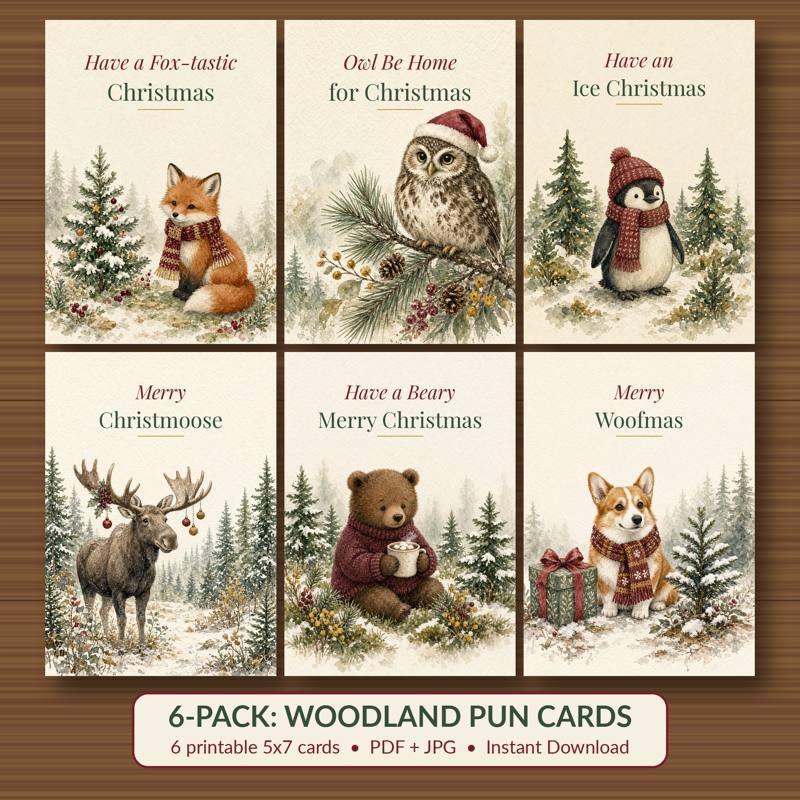 6-Pack Funny Pun Cards printable card, vintage woodland watercolor