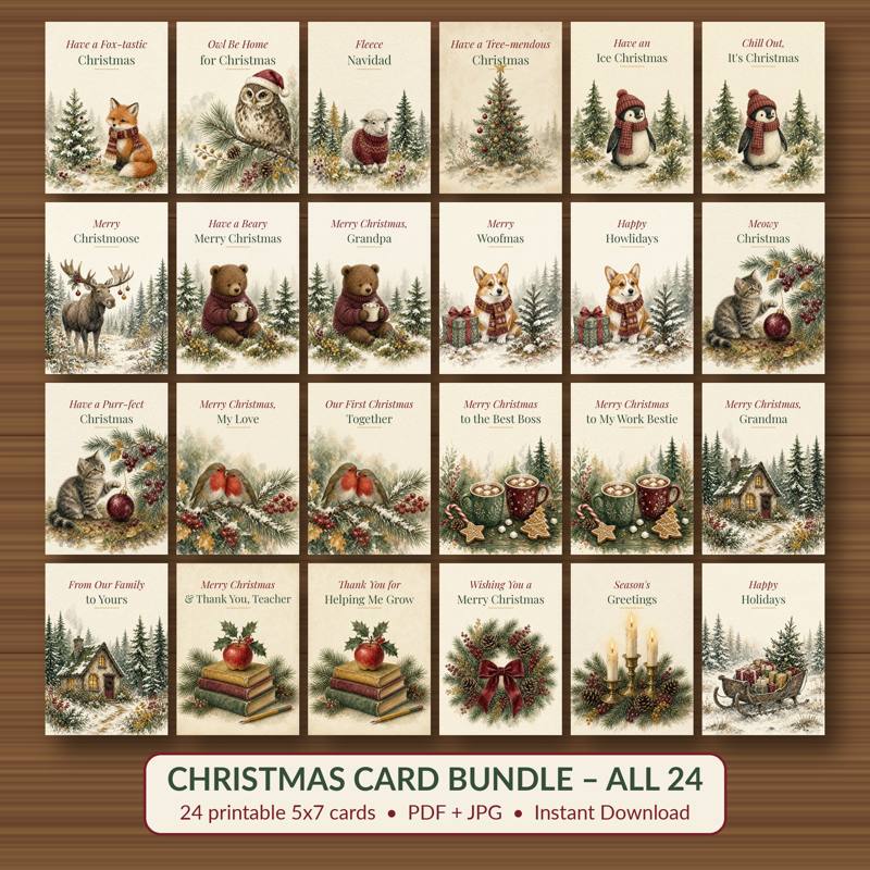 24-Card Christmas Bundle printable card, vintage woodland watercolor