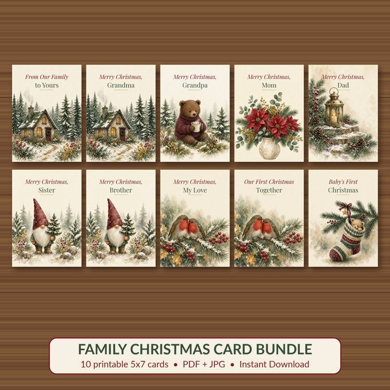 Family Christmas Card Bundle (10) printable card, vintage woodland watercolor