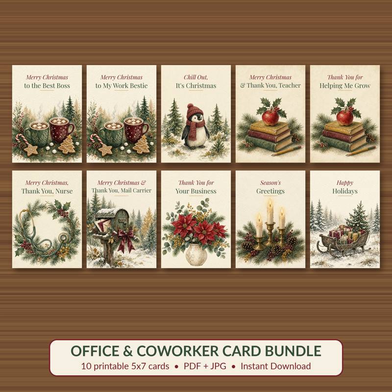 Office & Coworker Card Bundle (10) printable card, vintage woodland watercolor