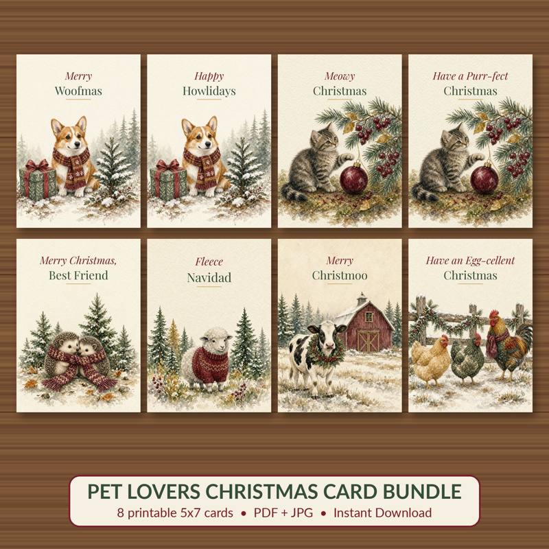 Pet Lovers Christmas Card Bundle (8) printable card, vintage woodland watercolor