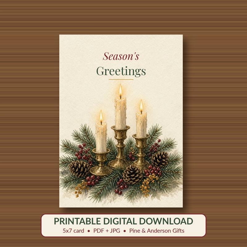 Season's Greetings printable card, vintage woodland watercolor