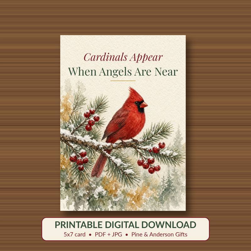 Cardinals Appear When Angels Are Near printable card, vintage woodland watercolor