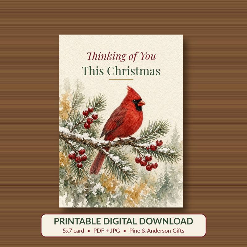 Thinking of You This Christmas printable card, vintage woodland watercolor