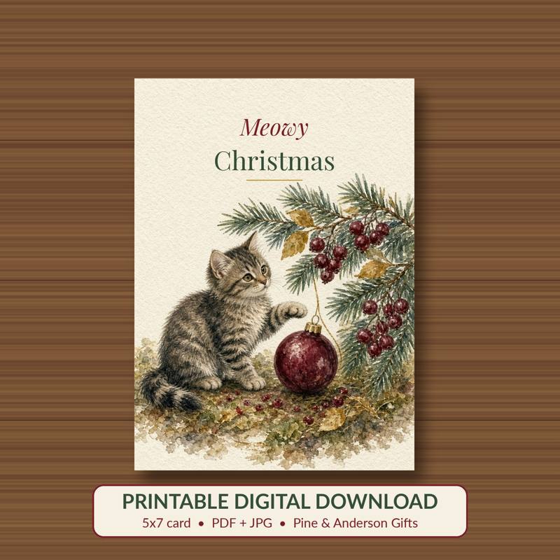 Meowy Christmas printable card, vintage woodland watercolor