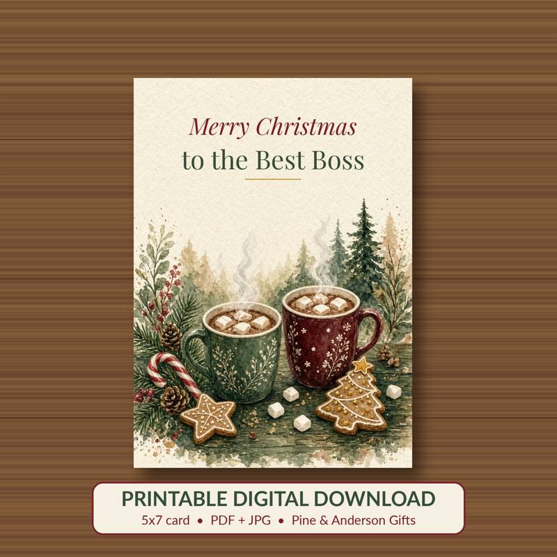Merry Christmas to the Best Boss printable card, vintage woodland watercolor
