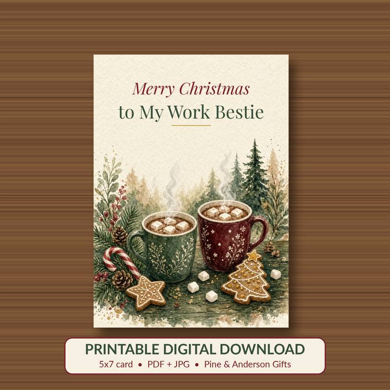 Merry Christmas to My Work Bestie printable card, vintage woodland watercolor