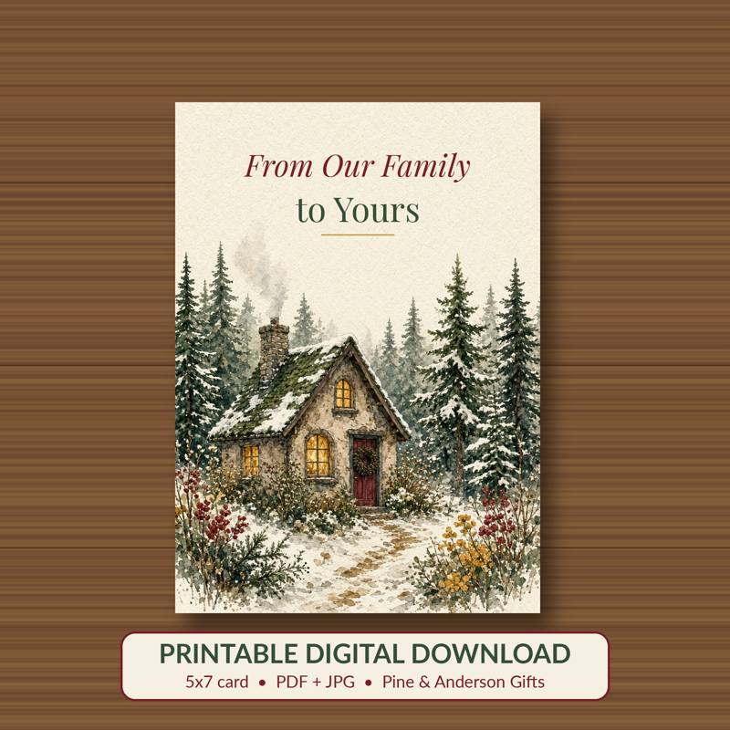 From Our Family to Yours printable card, vintage woodland watercolor