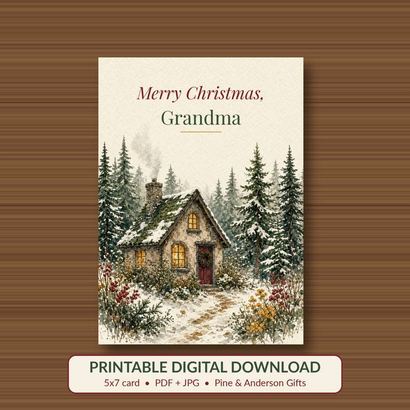 Merry Christmas, Grandma printable card, vintage woodland watercolor
