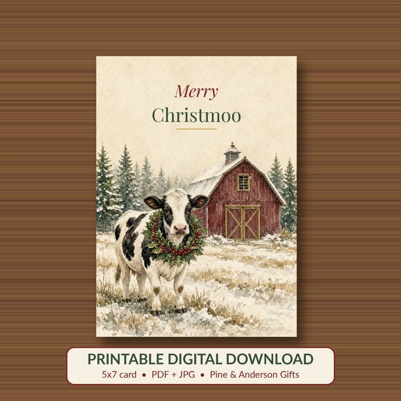 Merry Christmoo printable card, vintage woodland watercolor