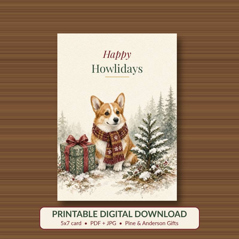 Happy Howlidays printable card, vintage woodland watercolor