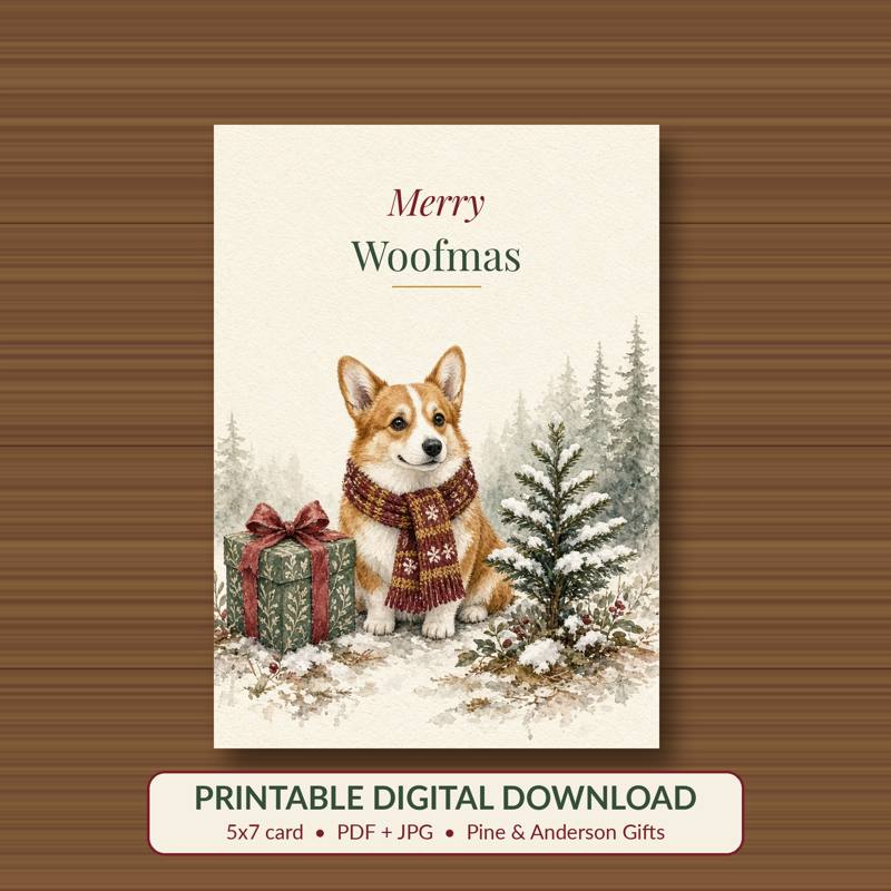 Merry Woofmas printable card, vintage woodland watercolor