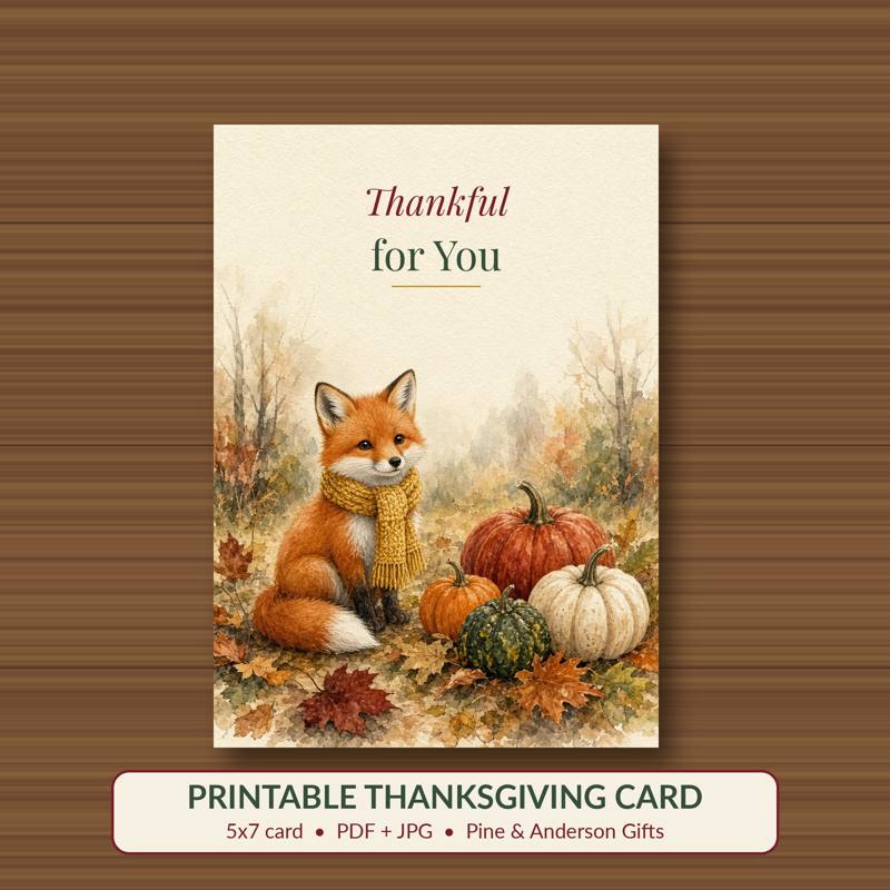 Thankful for You printable card, vintage woodland watercolor