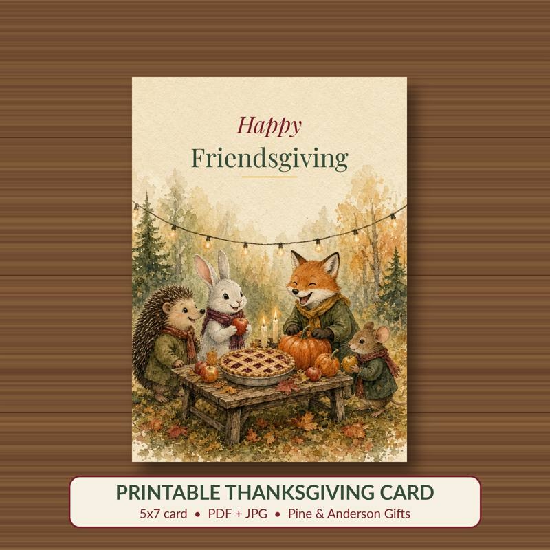 Happy Friendsgiving printable card, vintage woodland watercolor