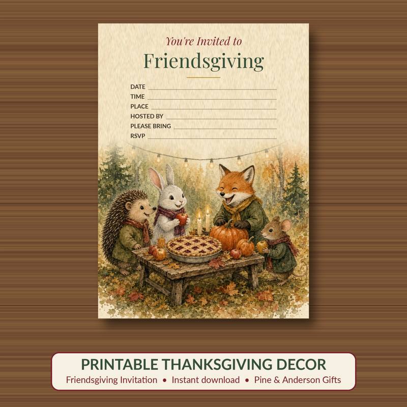 Friendsgiving Invitation printable card, vintage woodland watercolor