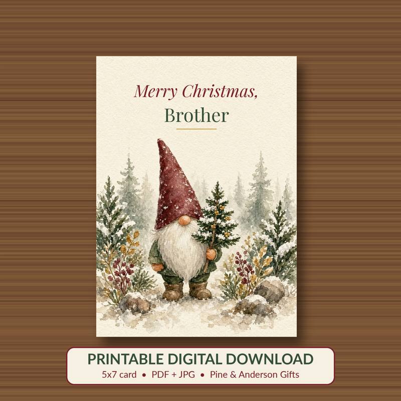 Merry Christmas, Brother printable card, vintage woodland watercolor