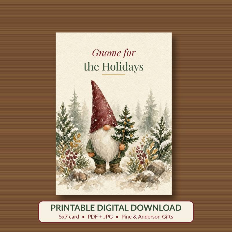 Gnome for the Holidays printable card, vintage woodland watercolor