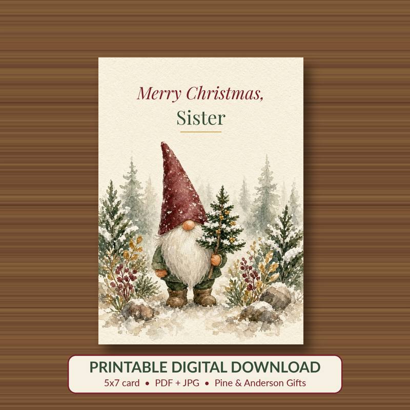 Merry Christmas, Sister printable card, vintage woodland watercolor