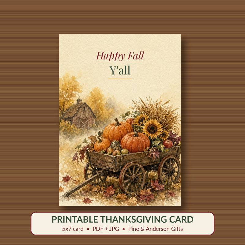Happy Fall Y'all printable card, vintage woodland watercolor