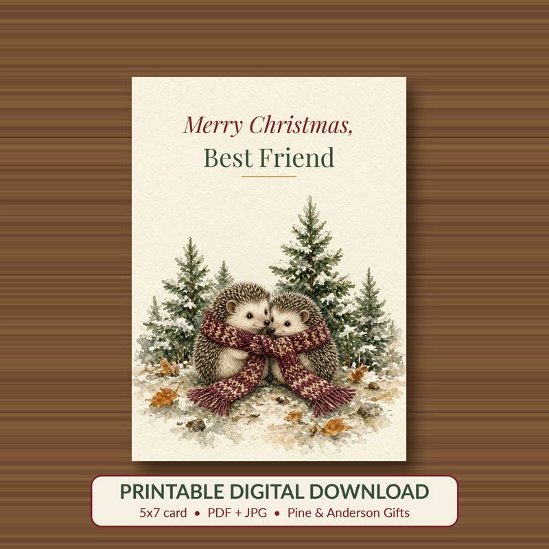Merry Christmas, Best Friend printable card, vintage woodland watercolor