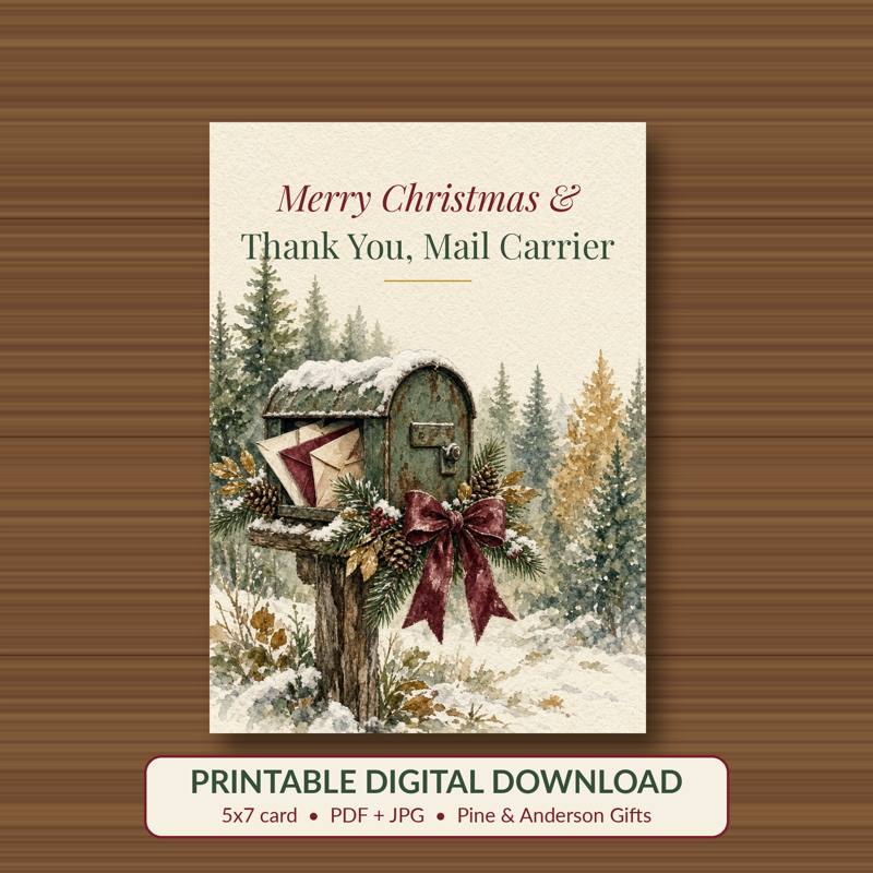Merry Christmas & Thank You, Mail Carrier printable card, vintage woodland watercolor