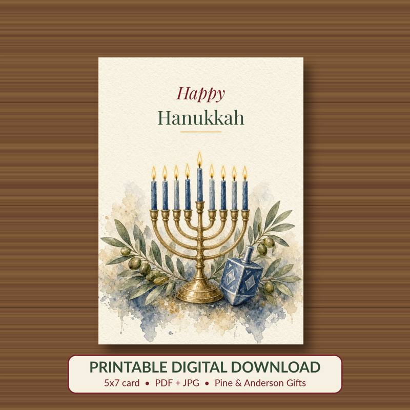 Happy Hanukkah printable card, vintage woodland watercolor