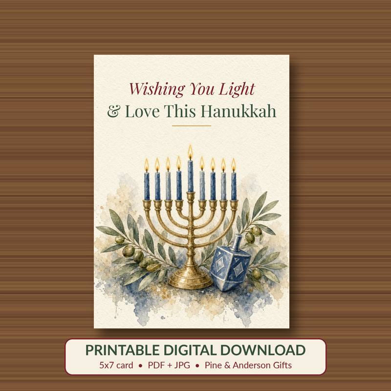 Wishing You Light & Love This Hanukkah printable card, vintage woodland watercolor