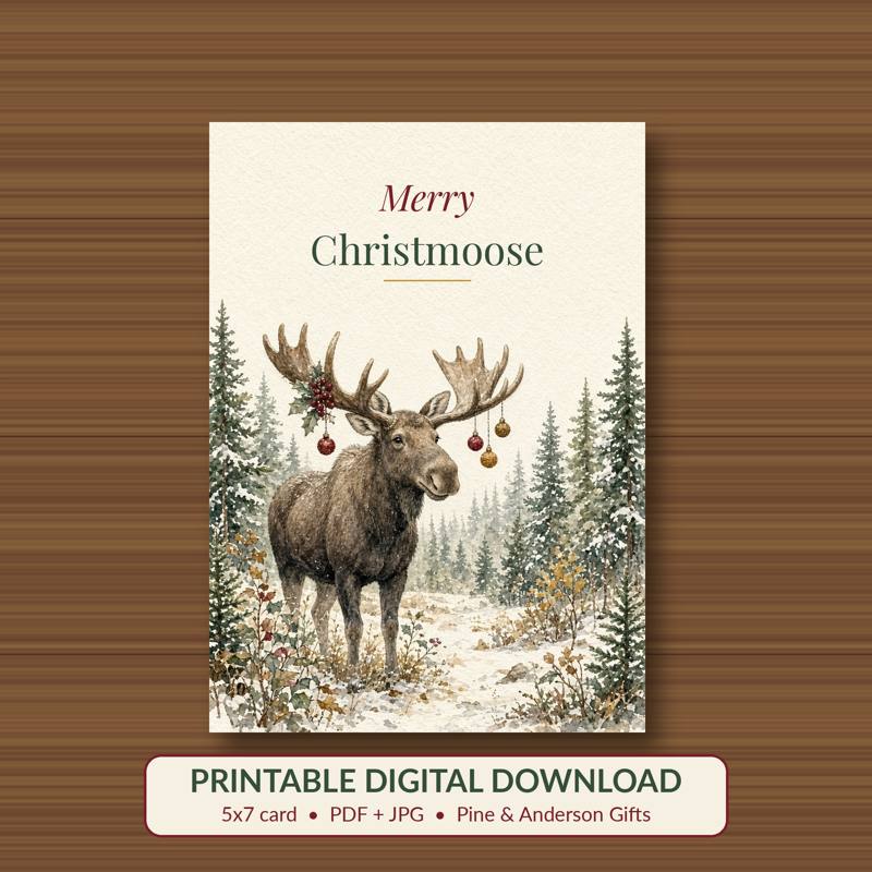Merry Christmoose printable card, vintage woodland watercolor