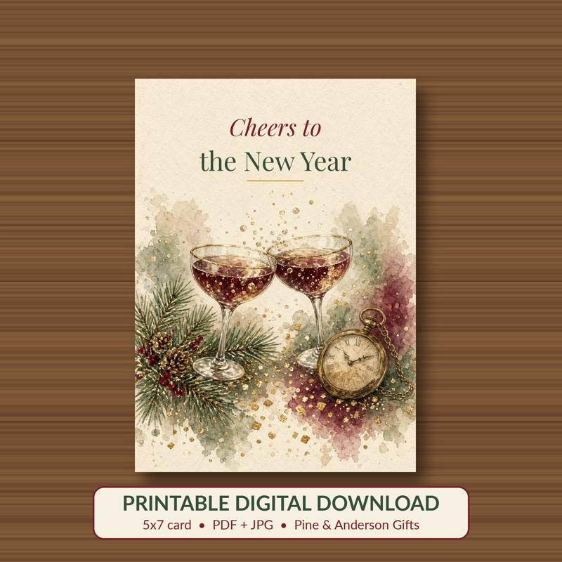 Cheers to the New Year printable card, vintage woodland watercolor