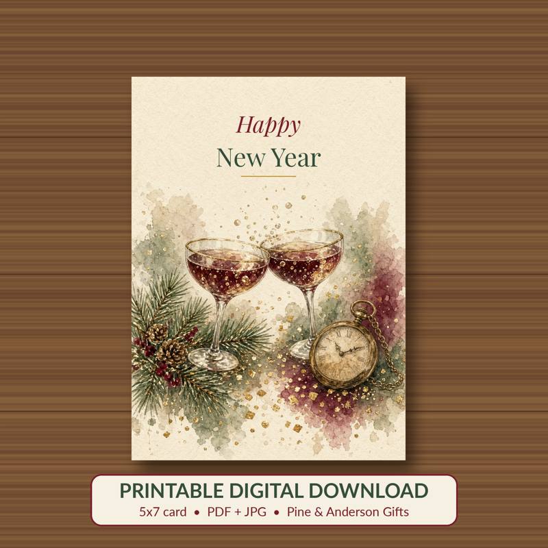 Happy New Year printable card, vintage woodland watercolor