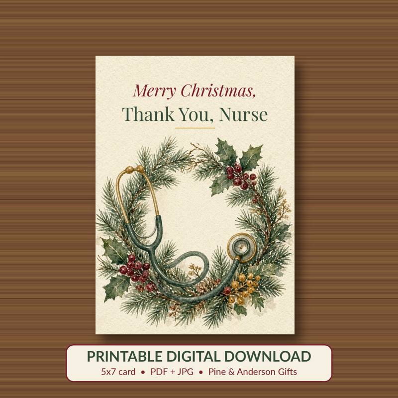 Merry Christmas, Thank You, Nurse printable card, vintage woodland watercolor