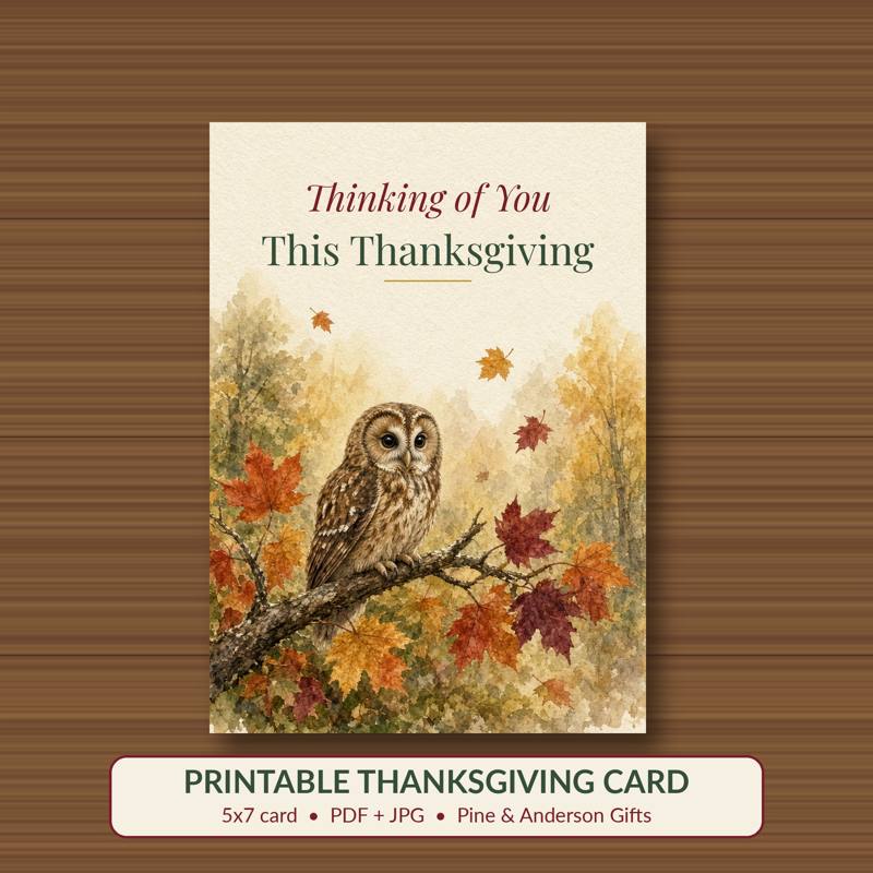 Thinking of You This Thanksgiving printable card, vintage woodland watercolor