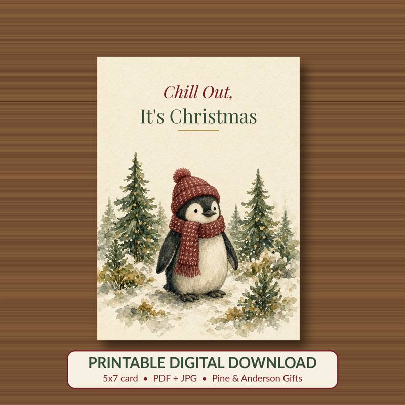 Chill Out, It's Christmas printable card, vintage woodland watercolor