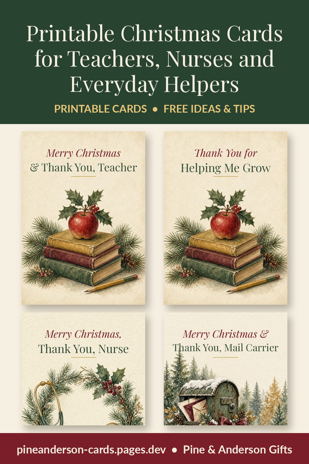 Printable Christmas Cards for Teachers, Nurses and Everyday Helpers