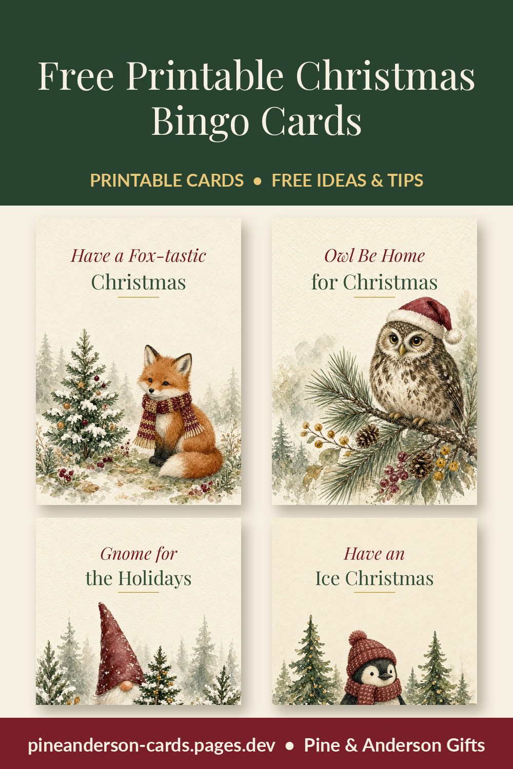 Free Printable Christmas Bingo Cards (Woodland Watercolor)