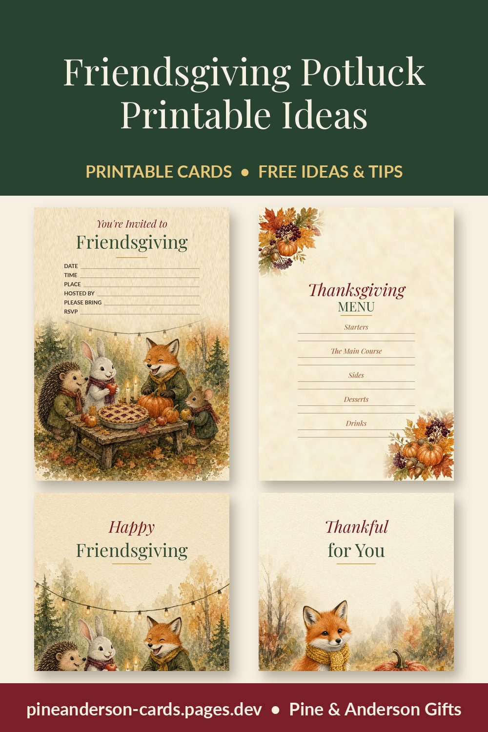 Friendsgiving Potluck Printable Ideas (Sign-Ups, Menu, Place Cards)