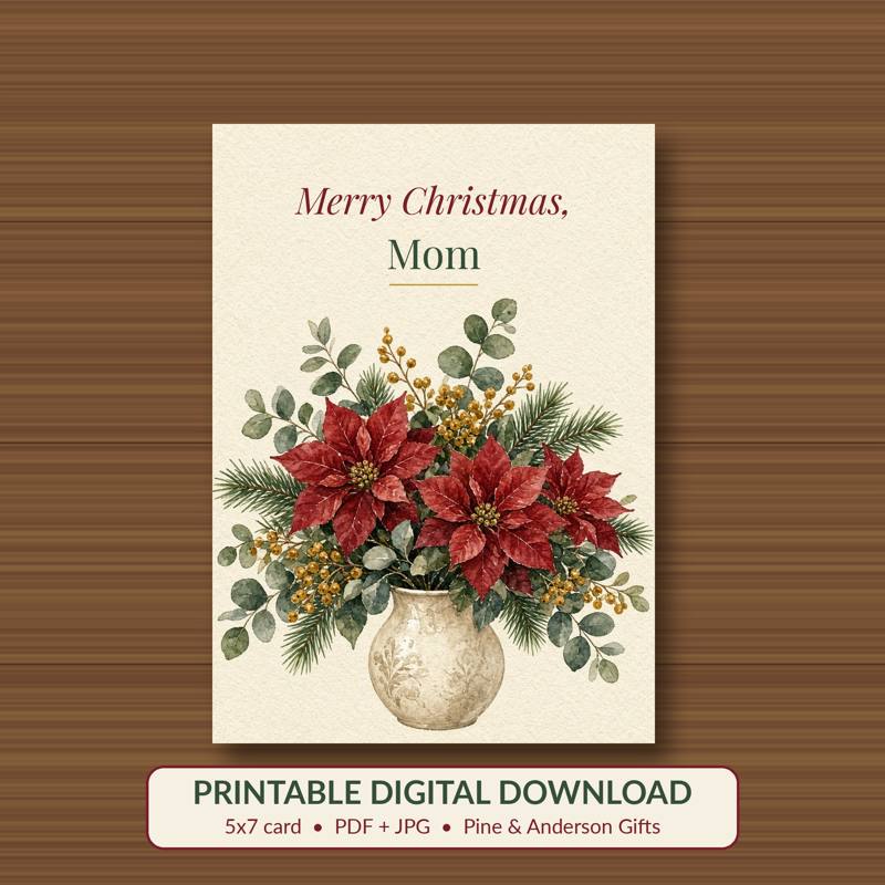 Merry Christmas, Mom printable card, vintage woodland watercolor