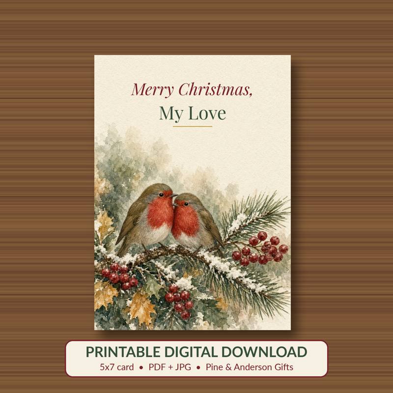 Merry Christmas, My Love printable card, vintage woodland watercolor