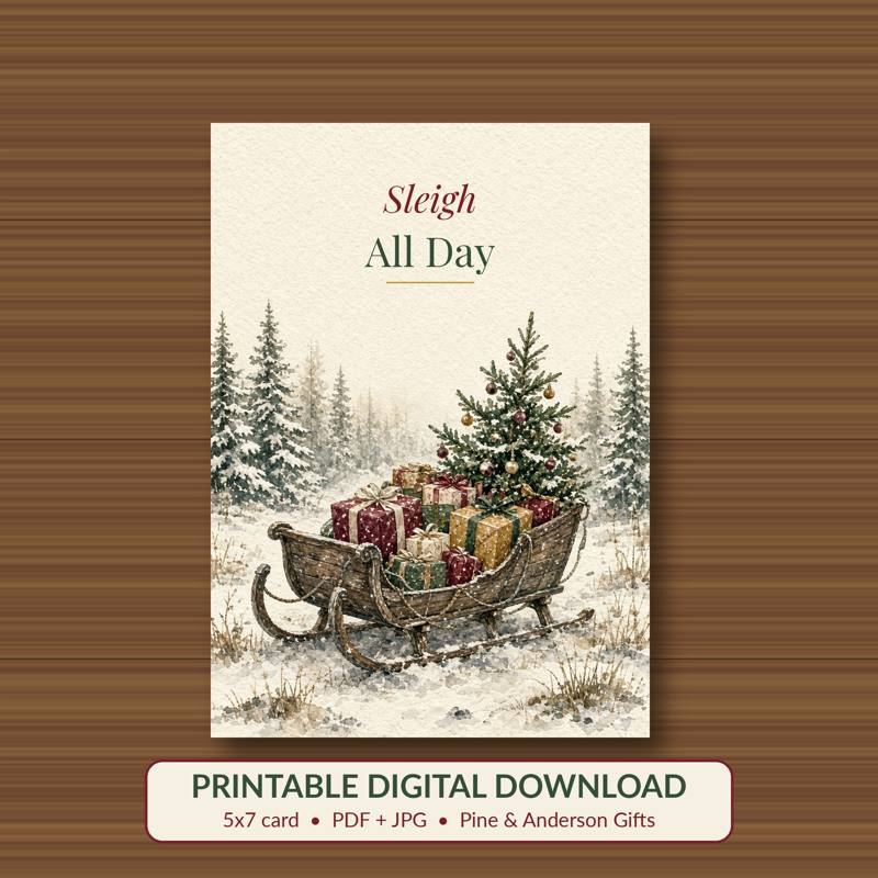 Sleigh All Day printable card, vintage woodland watercolor
